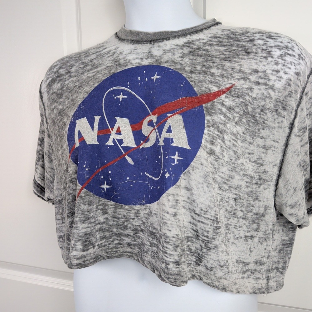 Re-Paved Upcycled NASA Graphic Crop Top Shirt Gray Acid Wash Burnout Boxy Space